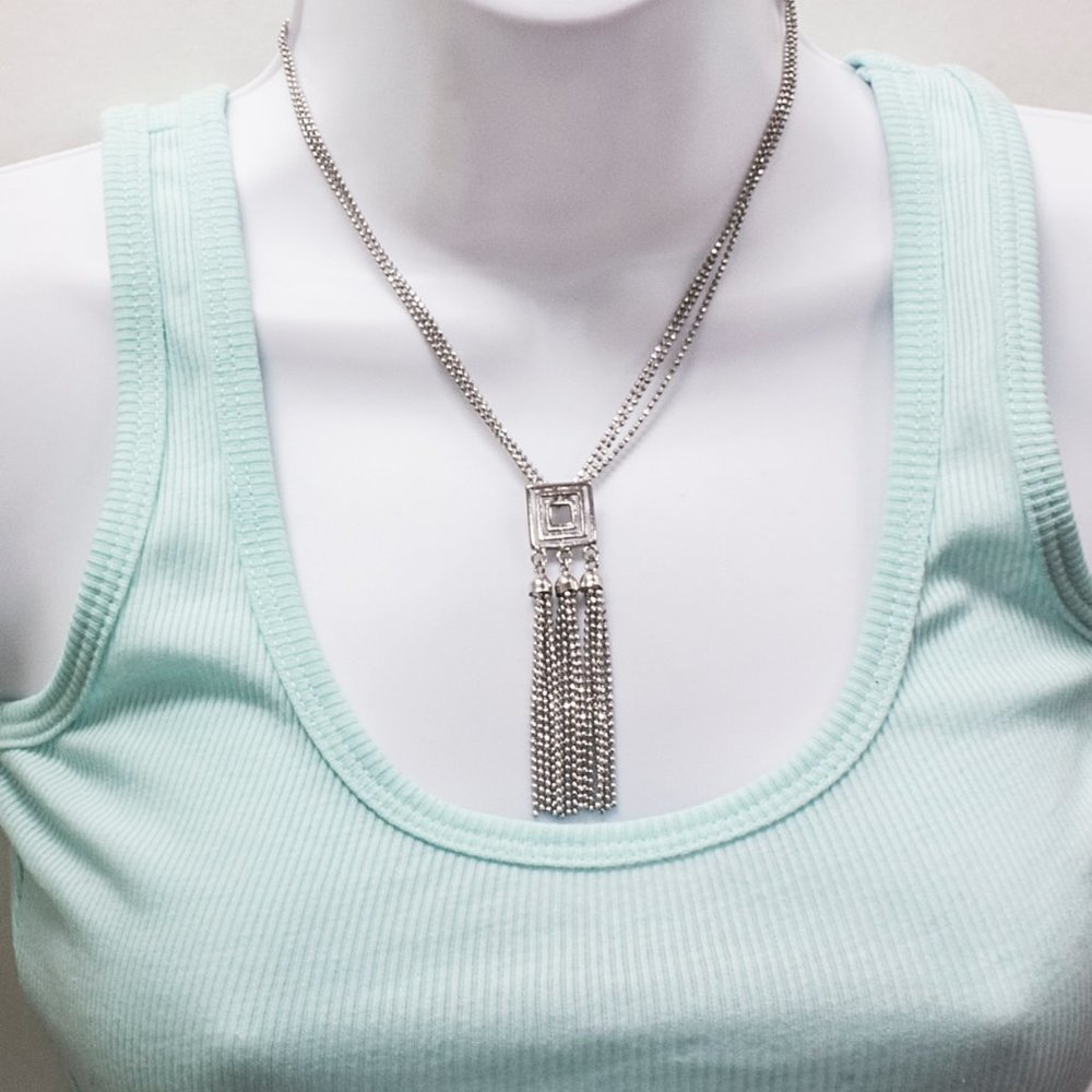 New Real Silver Ball Chain Dangle Square Necklace